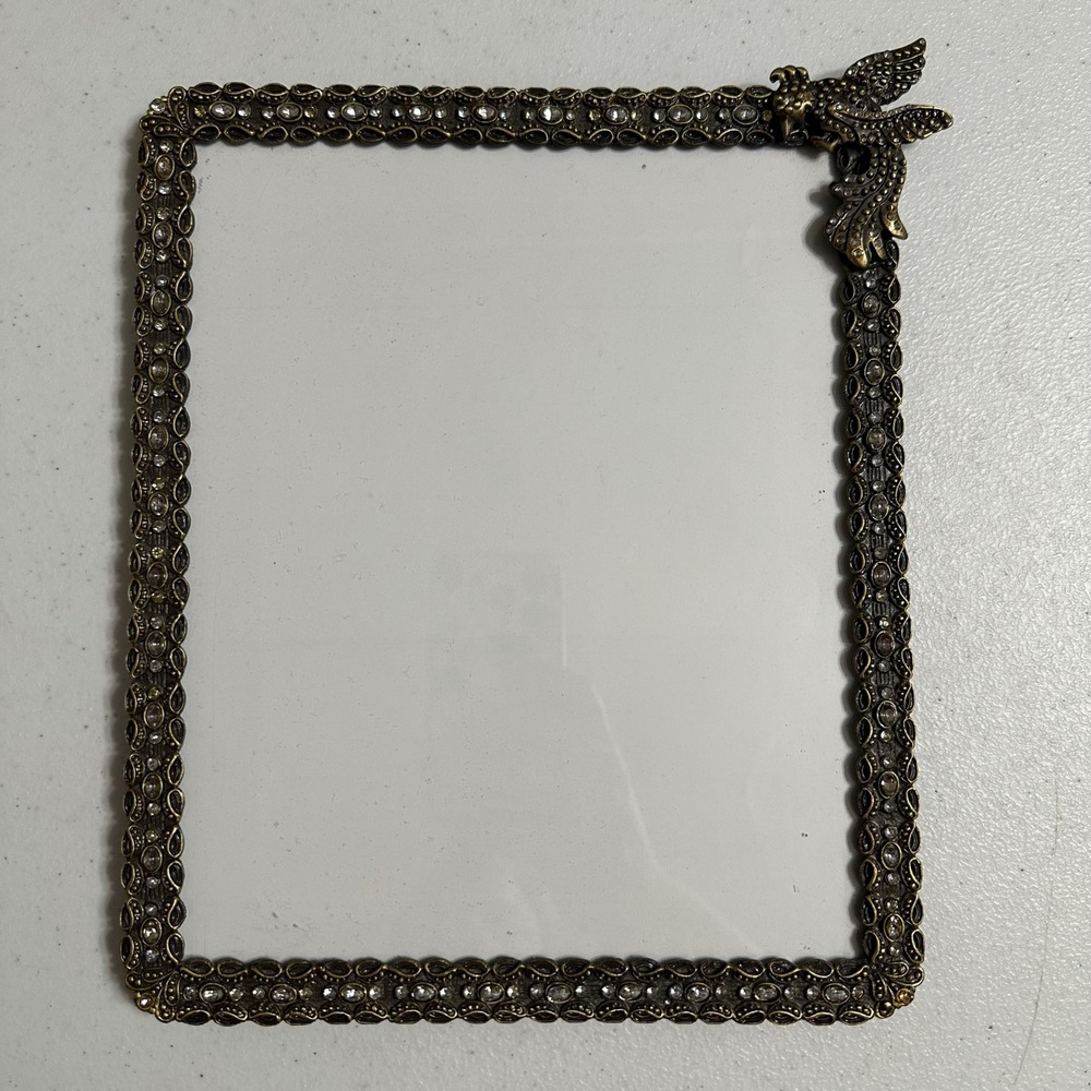 Concepts in Time Rhinestone Jeweled Bird Picture Frame Antiqued Brass Tone 5x7
